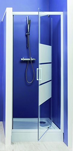 ONDÉE - Porte de douche MISSI - Porte pivotante. 80x185cm - Epaisseur 4mm - Installation réversible - Profilé aluminium blanc (-25/+5mm) - Verre trempé sérigraphié 3 bandes blanches