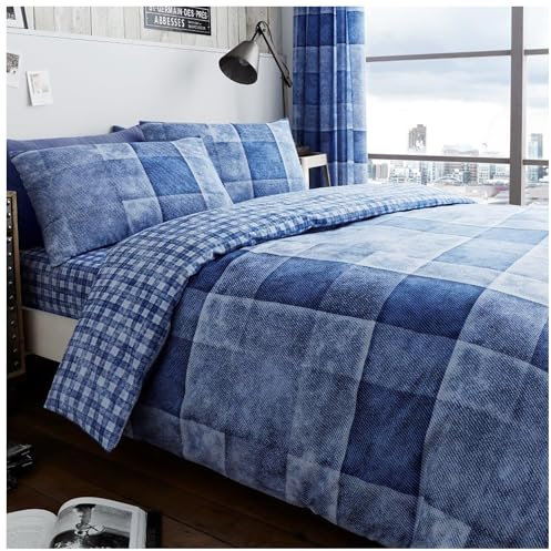 GC GAVENO CAVAILIA Polycotton Checked Duvet Cover Double (200cm x 200cm) - Quilt Bedding Set Double Bed with 2 Pillow Cases - Blue