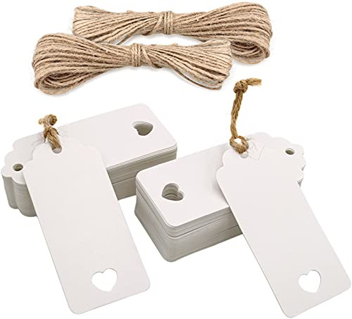 jijAcraft 200 Stück Geschenkanhänger Hochzeit, Weiß Kraftpapier Anhänger Etiketten 9,5 x 4,5 CM, Anhängeetiketten mit Juteschnur, für Valentinstag, Hochzeit, Taufe, Weihnachten Geschenkverpackung
