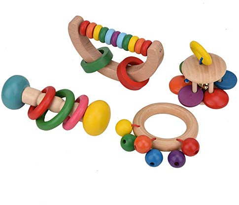 Jouet Hochet Anneau De Dentition,4Pcs Hochets & Grappins En Bois Naturel Instrument De Musique Jouets Éducatifs Précoces Pour Nouveau-Nés 3+ Ans