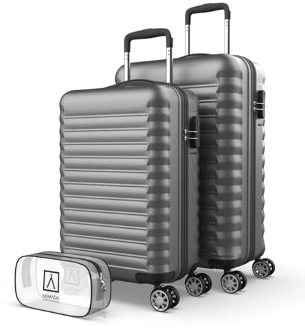 NUMADA-Juego de Maletas Rígidas 2pzs. Maleta Cabina 53cm y Maleta Mediana 63cm. Set de Maletas de Viaje ABS Eco Friendly, 4 Ruedas Dobles, Resistentes, Ligeras y Seguras (Gris)
