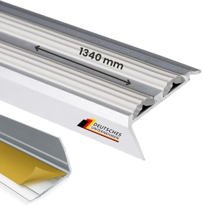 Floordirekt Treppenkantenprofil selbsklebend aus Alu mit Rutschfester Gummi Kantenschutz für Laminat, Parkett, Treppen Stufenkantenprofil - Treppenwinkel, Treppenprofil, Winkelprofil grau 134 cm