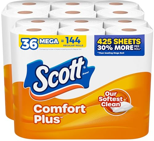 Scott ComfortPlus Toilet Paper, 36 Mega Rolls (2 Packs of 18), 425 Sheets per Roll, Septic-Safe, 1-Ply Toilet Tissue
