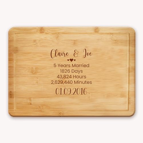 5th Wedding Anniversary Wood Gift Personalised Chopping Board - 5 Years Married with Days and Hours