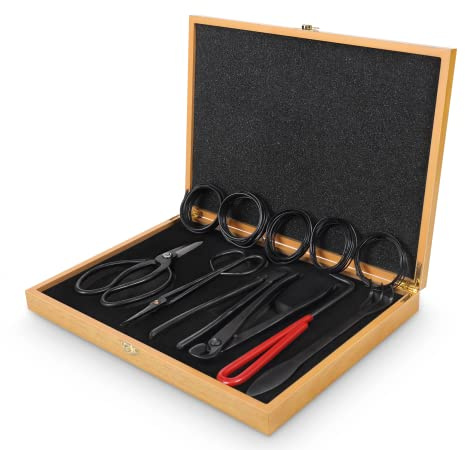 Bonsai Tools Set with Wood Box 12PCS Heavy Duty Bonsai Tree Kit, Trimming Scissor Shears, Concave Cutter, Wire Rolls, Wire Cutter and More, Gardening Pruning & Care Kit