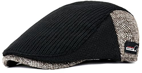 QBQZXAOSOWH Barett Cap Flache Kappe Männer Ballonmützen Dick Vintage Herringbone Octagon Cap Lässig Gestrickte Baskenmützen Flache Mütze Farblich Passende Mütze OneSize Schwarz1