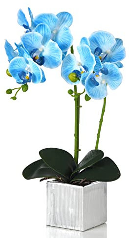 YSZL Künstliche Orchidee, künstliche Phalaenopsis-Seide, Bonsai, realistisches Arrangement in silberfarbener Vase für Heimdekoration, Tischdekoration, Blau