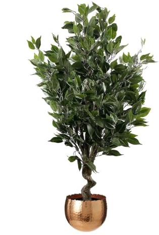 Leaf Künstlicher Baum für den Innenbereich mit Übertopf, gemischte Materialien, immergrüne Ficus-Kupfer-Kurve, 110 cm