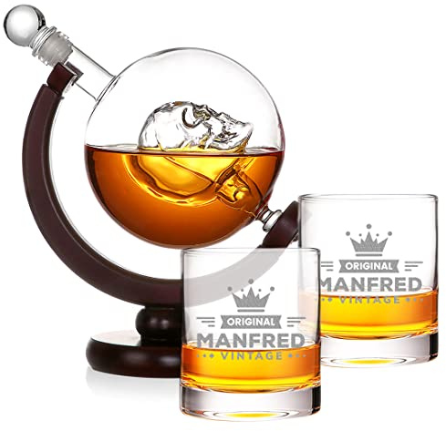 polar-effekt Whiskyset Globus Totenkopf Karaffe 850 ml Set mit Gravur mit 2X personalsierte Whiskygläser Tumbler 315 ml Geschenk für Männer zum Geburtstag