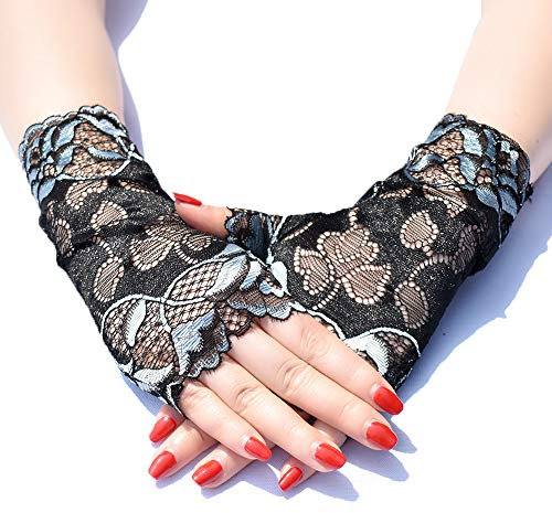 Damen Spitze Elegante Kurze Handschuhe Sommerhandschuhe 1920s Handschuhe Damen Kostüm Accessoires Braut Opera Fest Party Handschuhe Fingerlose Spitzenhandschuhe für Hochzeit Abend Party,Blau #2