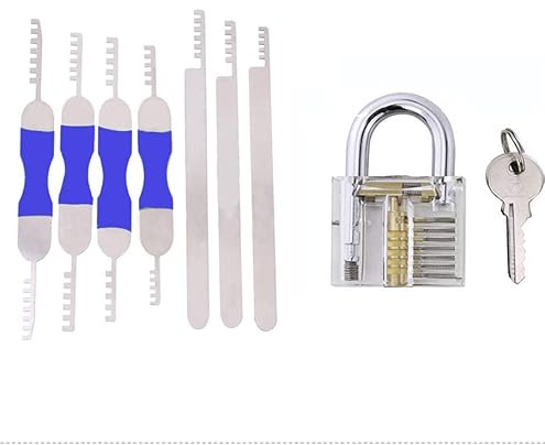 TPM Go 7-teiliges Kammschloss-Picking-Werkzeug-Set mit transparentem Schloss, geeignet für dreizyklische Vorhängeschlösser und Möbelschlösser, kann einfache Tür-, Waschbecken- und Toilettenschlösser