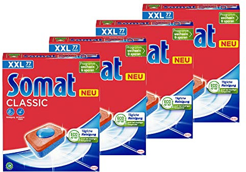 Somat Classic Spülmaschinen Tabs (4x77 Tabs), Geschirrspül Tabs für eine kraftvolle Reinigung, Spültabs hinterlassen strahlend sauberes Geschirr sogar bei niedrigen Temperaturen, 308.0 stück