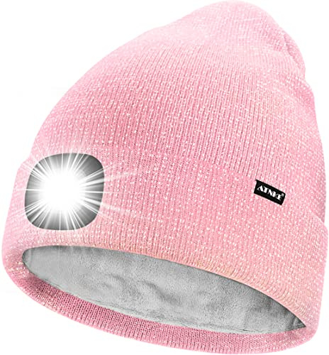 ATNKE LED Mütze mit Licht,Wiederaufladbare USB 4 LED Beleuchtete Laufmütze Extrem Heller Lampe Winter Warme Gefüttertes Fleece Stricken Mütze für Herren und Damen Geschenke