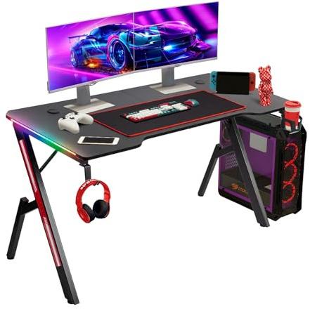 Todeco Bureau Gaming LED, Grand Bureau Gamer, 140 × 60 cm | Tapis de souris, porte-gobelet, crochet casque, 40+ modes RGB avec télécommande, ergonomique, plateau effet fibre de carbone