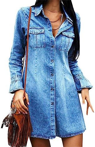 Sommerkleid Damen,Damen-Jeanskleid Modisch Blaues Minikleid Lange Ärmel Revers Freizeitkleid Sommer Schmales Hemdkleid Mit Knopfleiste Klappentasche Vintage-Waschung Verblasstes Jeanskleid Mantel Xl