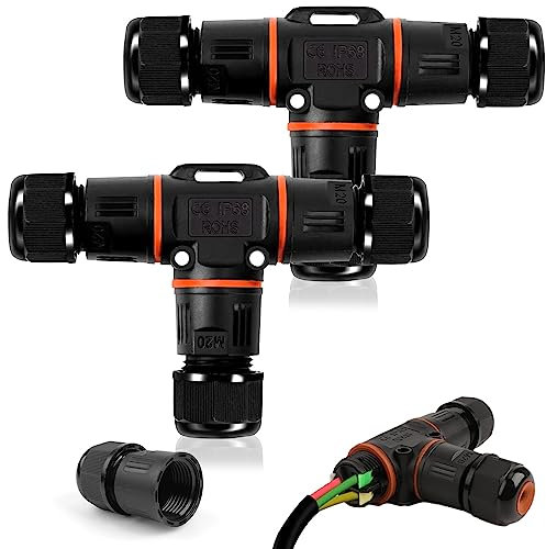 ATPWONZ IP68 Waterproof Junction Box,2PCS 3 way Wire Connectors External Junction Box With Hole Waterproof Connector for Cable Diameter Ø 3mm-12mm, M20 T hole connector