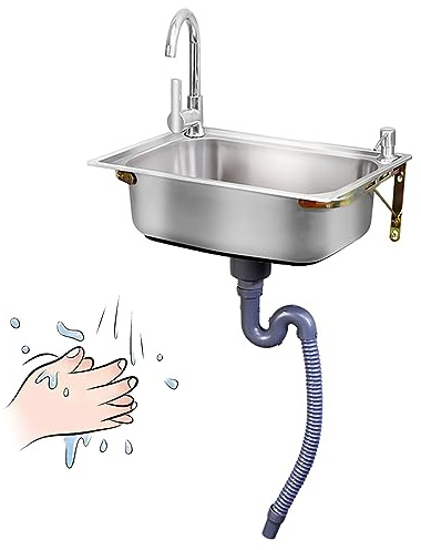 Wandmontierte Edelstahl Waschbecken Spültisch Küchenspüle kommerzielle Spüle mit Armatur 1 Becken Handwaschstation Außenspüle Wohnmobil Badezimmer Spülbecken Küche Outdoor Garage Garten ( Size : 48x35