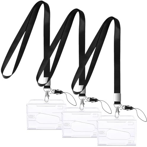 Smivyhp 3 x ID Kartenhalter mit Schlüsselband, Vertikal 2-Karten Ausweishülle mit Band, Klar Kartenhülle Ausweishalter mit Daumenloch, PC Kartenschutz für Business Ausstellung Schule Bürobedarf