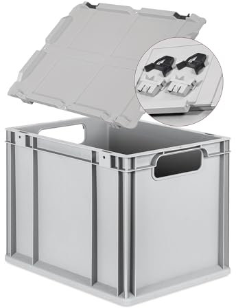 Eurobox NextGen Economy 40x30x32cm Griffe offen mit Scharnierdeckel grau, Kunststoffbox 30 Liter, Transportbox Lagerbox Campingbox stapelbar, Farbe Deckel-Verschlüsse wählbar (Verschluss Schwarz)