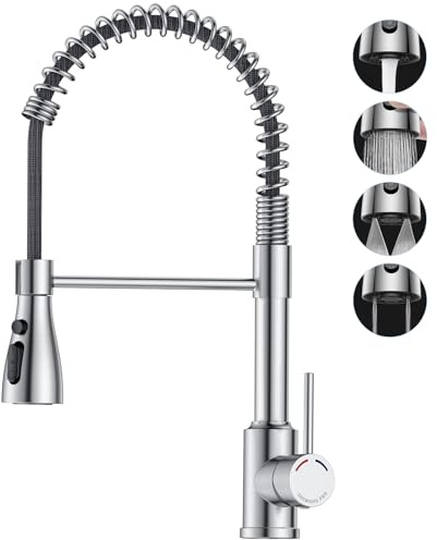 SREWOHS PRO Kitchen Tap,Kitchen Sink Mixer Taps with Pull Down Spray Head, 360°Swivel Spout with 4 Modes, Single Lever Stainless Steel Spring Bar Faucet for 1 Hole Sink,No Plumber Required,Nickel