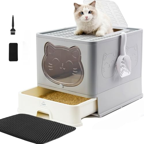 HelloMiao helt sluten kattsandbricka med huva, extra stor luktkontroll inomhus kattlåda, integritetstäckd toalett med skopa för katter under 8 kg (17,6 pund)