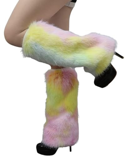 Beinstulpen für Damen Legwarmers Plüsch Gestrickte Knopf Stulpen sexy Kunstpelz, warme Beinlinge lange Stiefelstulpen, flauschige Schuhüberzug Karneval Fasching Mottoparty Verkleidung