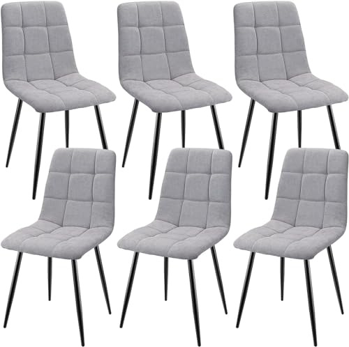 JIJIAN Pack de 6 Sillas de Comedor, Sillas de Cocina Tapizadas de Lino con Patas de Metal Negro, Acolchadas con Diseño de Cuadros, para Cocina, Dormitorio y Recepción, Gris