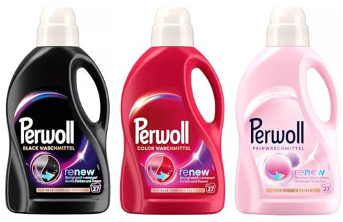 PERWOLL Flüssig-Set 3x 27 Waschladungen (81WL) 1x Black & 1x Color & 1x Für Wolle und Feines, Feinwaschmittel-Set reinigt sanft und erneuert Farben, mit Dreifach-Renew-Technologie