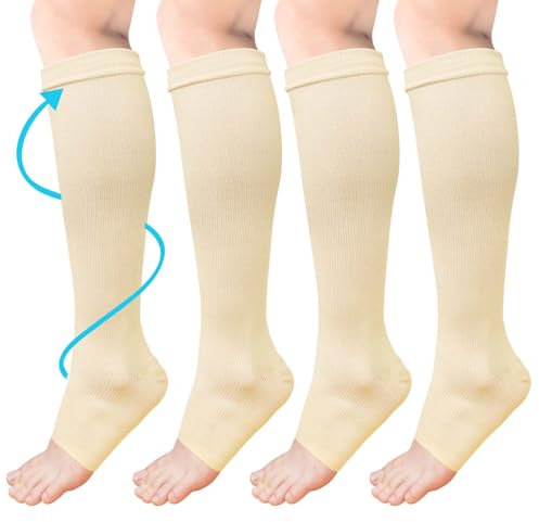 ACWOO Kompressionsstrümpfe für Damen Herren, 2 Paar Stützstrümpfe Medizinisch Kompressionssocken mit 15-20 Mmhg Thrombosestrümpfe, Open Toe Compression Socks für Laufen, Sport, Flug, Radsport（Beige）