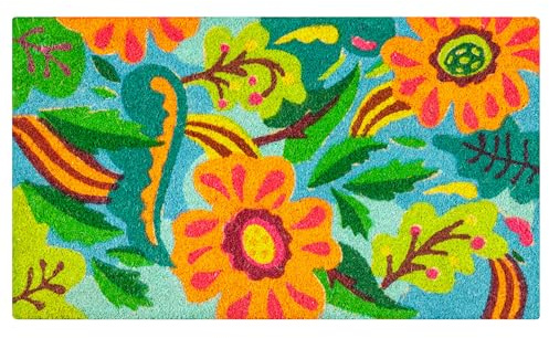Baroni Home Zerbino Ingresso Casa in Fibra di Cocco Dipinto a Mano, Tappeto da Esterno con Fondo Antiscivolo, Zerbino Resistente e Facile da Pulire, 70x40 cm (Composizione Fiori Sfondo Azzurro)
