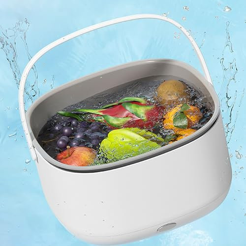 OmePS Fruit and Vegetable Washing Machine, Portable Ultrasonic Fruit Washing Unit, Dual Drain Electric Wash Basket Ingredient Purifier for Picnic Food Washing, Battery powered, 9 * 9 * 5.1 Inch