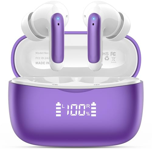Wireless Earbuds, Bluetooth 5.3 Headphones In Ear with 4 HD microphone, 56H Playtime, HIFI Stereo In Ear Earphones, IPX7 Waterproof Bluetooth Earbuds, LED Display, USB-C, Sport/Work/Leisure/Purple