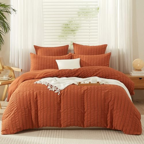 Gezu Seersucker Bettwäsche220x240cm 3teilig Orange Gelb Wendebettwäsche Streifen Geprägt Streifen Bettwaren-Set Gebürstet Komfortabler Weiche Bettbezug mit Reißverschluss und 2Kissenbezug