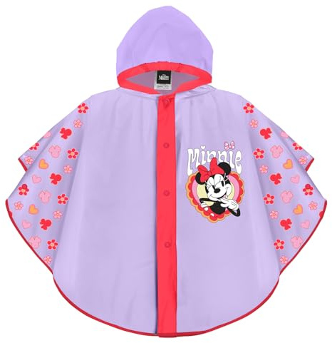 PERLETTI Disney Minnie Mouse Regen Poncho Lila für Kinder 2 3 4 5 Jahre - Minni Maus Regenmantel Wasserdicht Pink für Kleine Mädchen - Kleinkinder Regencape Rosa Details mit Kapuze Knöpfe (Lila)
