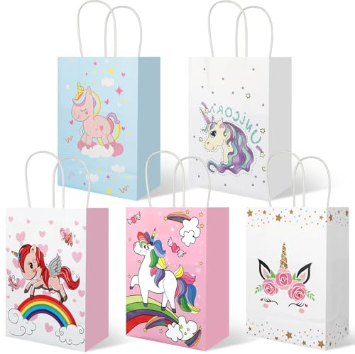 Einhorn-Partytüten mit Griffen, Kraftpapiertüten für Regenbogenpferde, Geburtstagsparty-Zubehör, niedliche Cartoon-Einhorn-Party-Geschenktüten, Süßigkeitentüten für Babyparty, Hochzeit, 20 Stück