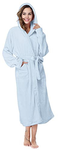 Langer Morgenmantel für Damen, Fleece, Morgenmantel mit Kapuze und Taschen und Gürtel, einfarbig, Winter-Bademantel, warmer Bademantel, mit Kapuze, bequem, Loungewear, Schlafmantel, blau, 95