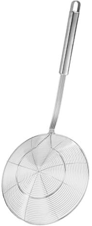 BEBEMOKO Large Colander Stainless Steel Wire Skimmer Spoon Handle for Kitchen Frying Food Pasta Spaghetti Noodle Essential Kitchen Tool for Cooking and Draining