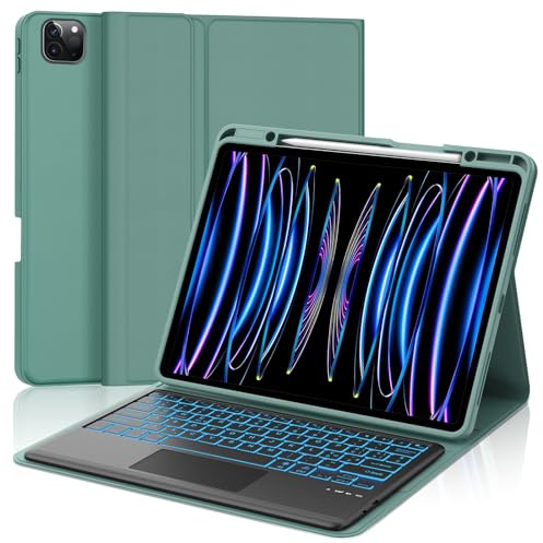 SENGBIRCH Funda con teclado para iPad Pro 12,9 6ª/5ª/4ª/3ª generación, diseño italiano, teclado inalámbrico desmontable Bluetooth retroiluminado de 7 colores con Trackpad, verde oscuro