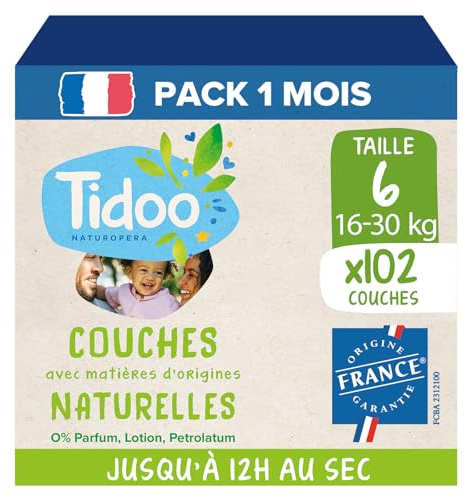 TIDOO - Couches écologique Taille 6 (16-30kg) - Origine Naturelle, sans substances nocives - 12h au sec, ultra absorbantes - Fabriquées en France - 102 Couches Jetables - Pack 1 Mois