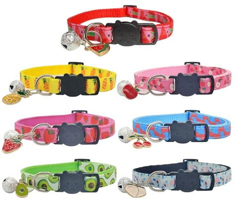 SLEEKEE Collares para Gatos De 7 Piezas, Collares con Elementos Frutales, Cascabeles, Collares Ajustables, Suministros para Mascotas
