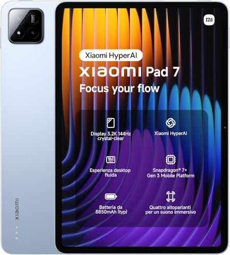 Xiaomi Pad 7 AI WiFi Version Global (Pas d'appels ni de SMS) 11,2 Pouces 3,2 K 144 Hz 8850 mAh Bluetooth 5.4 Quatre Haut-parleurs 13 MP Modèle 2410CRP4CG (Bleu, 256 Go + 8 Go)