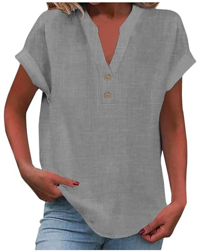 Camisa Mujer Lino Algodón Manga Corta Camiseta Blusa Polo Ligero Verano Moda Casual Color Sólido Cómodo Suelto Cuello en V Botones Tops Elegante Basic tee Talla Grande Transpirable 2025