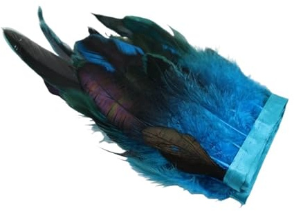 Frange de garniture en plumes de coq naturelles, 1 mètre, for artisanat, plumes noires, ruban, bricolage, couture de vêtements, décorations de fête, 13-18cm(Lake blue)