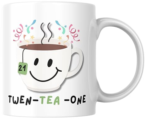Cheeky Chops Funny Tea Birthday Mug, 21st | 21st Milestone Ages, TwenTea ThirTea FourTea Wordplay, Coffee Cup, Novelty Age Gift