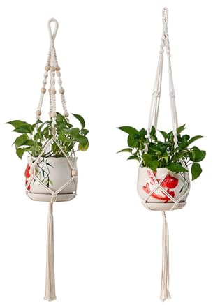 MSLSOZ Colgadores de macramé para plantas, cuerda de algodón, paquete de 2 macetas colgantes bohemia para interiores y exteriores