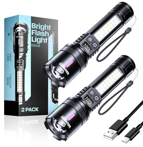 Esgreen LED Rechargeable Flashlights High Lumens 20000 2 Pack, Single Click Bright Flashlight Long Lasting 12H, Compact Handheld Flash Light USB C, White & Red Light, for Hiking Camping Gift