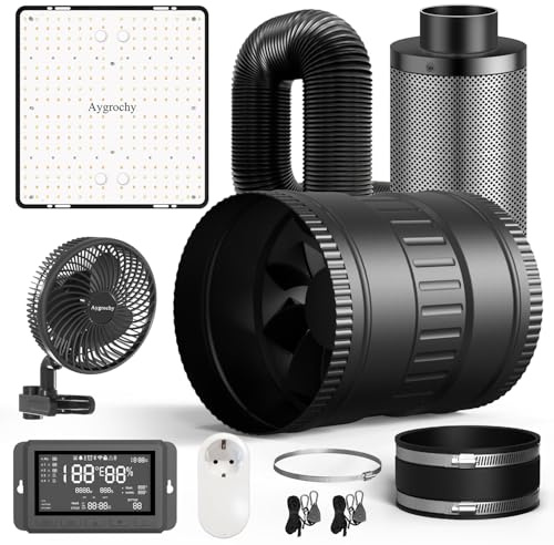 Aygrochy Chambre de Culture Tente de Culture Kit Complet avec Lampe de croissance LED 100W EVO, Système Ventilation,extracteurs d'air de 150 mm et filtre à charbon actif, Pour plantes Intérieur
