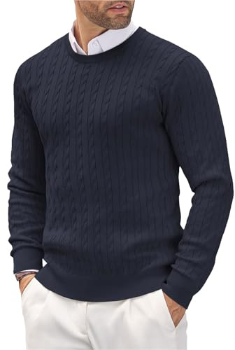 Generisch Maglione a Maglia Uomo Cotone, Pullover Slim Fit Elegante Felpa Motivo a Treccia Cardigan Maniche Lunghe Girocollo Felpe Leggera Comoda Felpa Tempo Libero Versatile Giacca Felpa, Blu marino