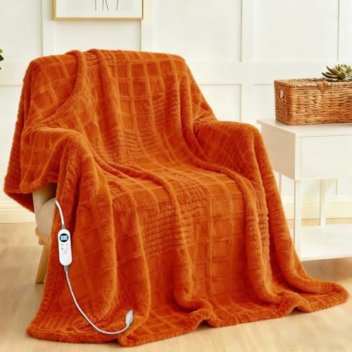 Heated Blanket Electric Throw, Waffle Heating Blanket with 12 Heat Levels, Fast Heating Blanket with 1-12 Timer Settings, Overheat Protection with ETL & FCC for Home Office (Orange, Singe(50x60))