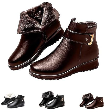 Ortopediska stövlar i ull med metallspänne och äkta läder for kvinnor, snöstövlar med slip-on och pälsfoder, snöstövlar med dragkedja i sidan och ankeln(Brown,35 EU)